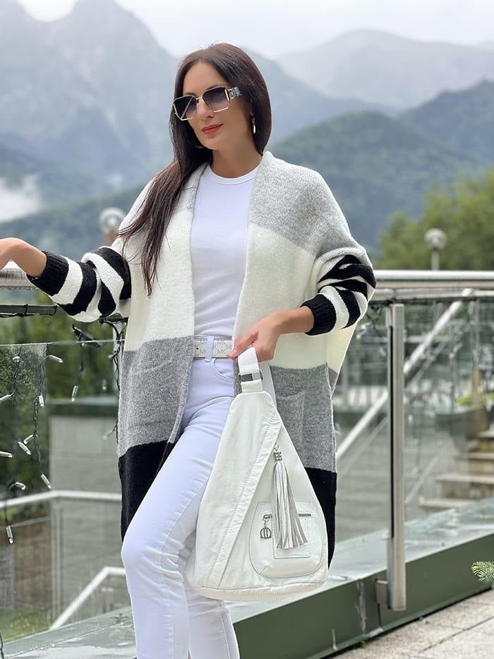 Women's Cardigan – Oversize Fit – Long – Soft Knit – Open Front with Block Stripes