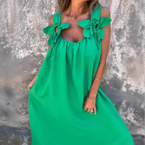 Women's Maxi Dress – Relaxed Fit – Lightweight and Breathable – Floral Details on Shoulders
