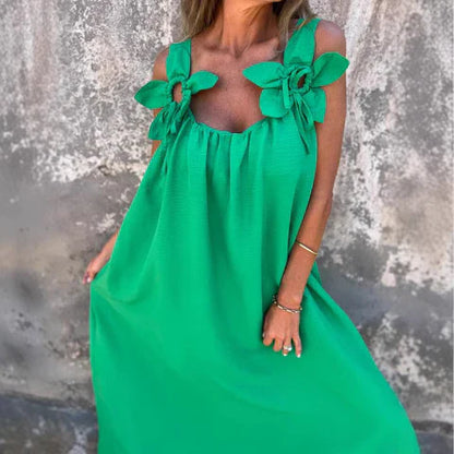 Women's Maxi Dress – Relaxed Fit – Lightweight and Breathable – Floral Details on Shoulders