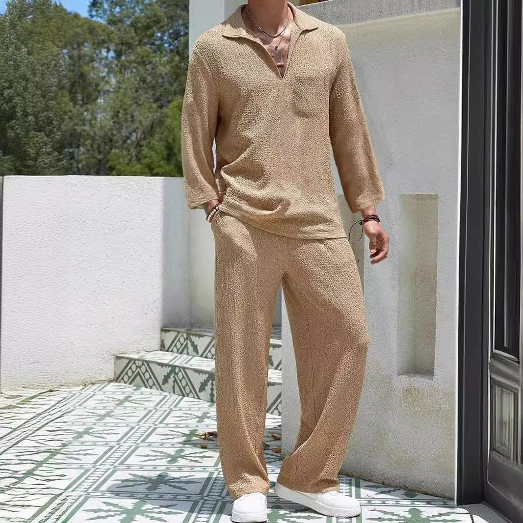 Men's loungewear set – relaxed fit – ribbed texture – long-sleeved shirt & pants