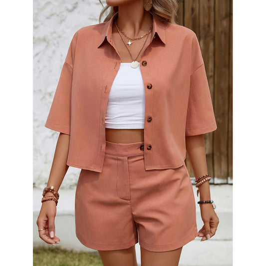 Women's Set with Shirt and Shorts – Relaxed Fit – Light and Breathable – Button Closure