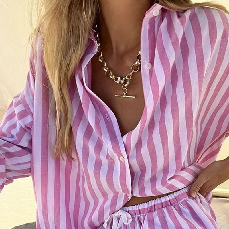 Women's Shirt – Loose Fit – Striped – Breathable Blend – Long Sleeves