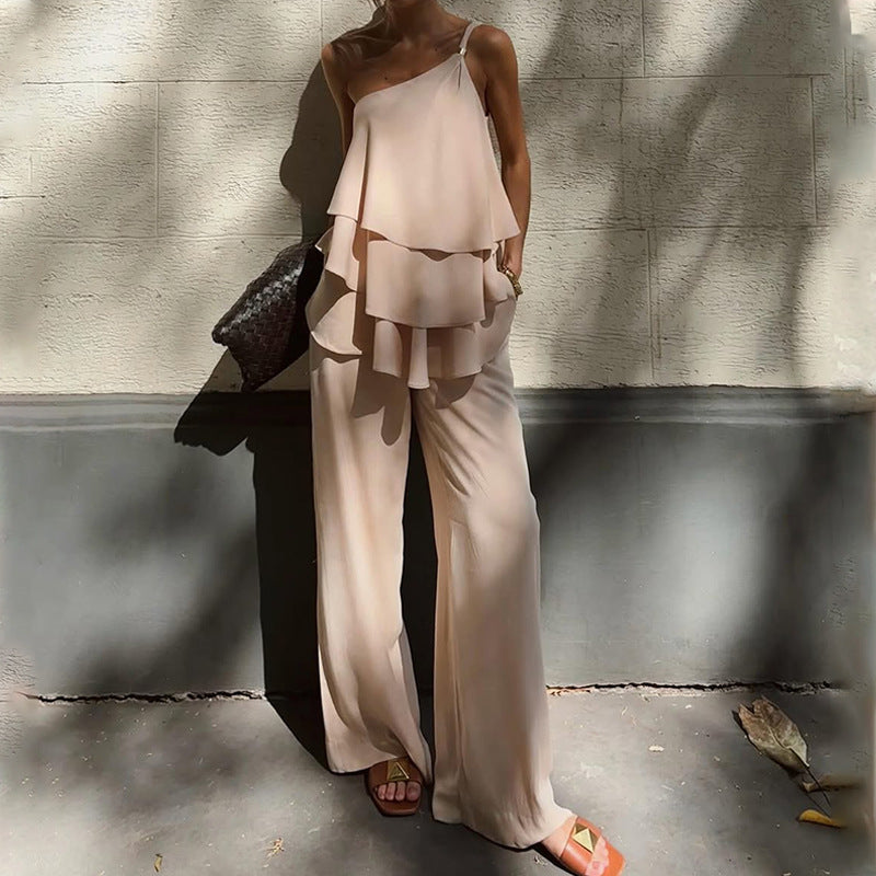 Women's Two-Piece Set – Asymmetric Ruffle Top – Soft Breathable Quality – Wide Pants