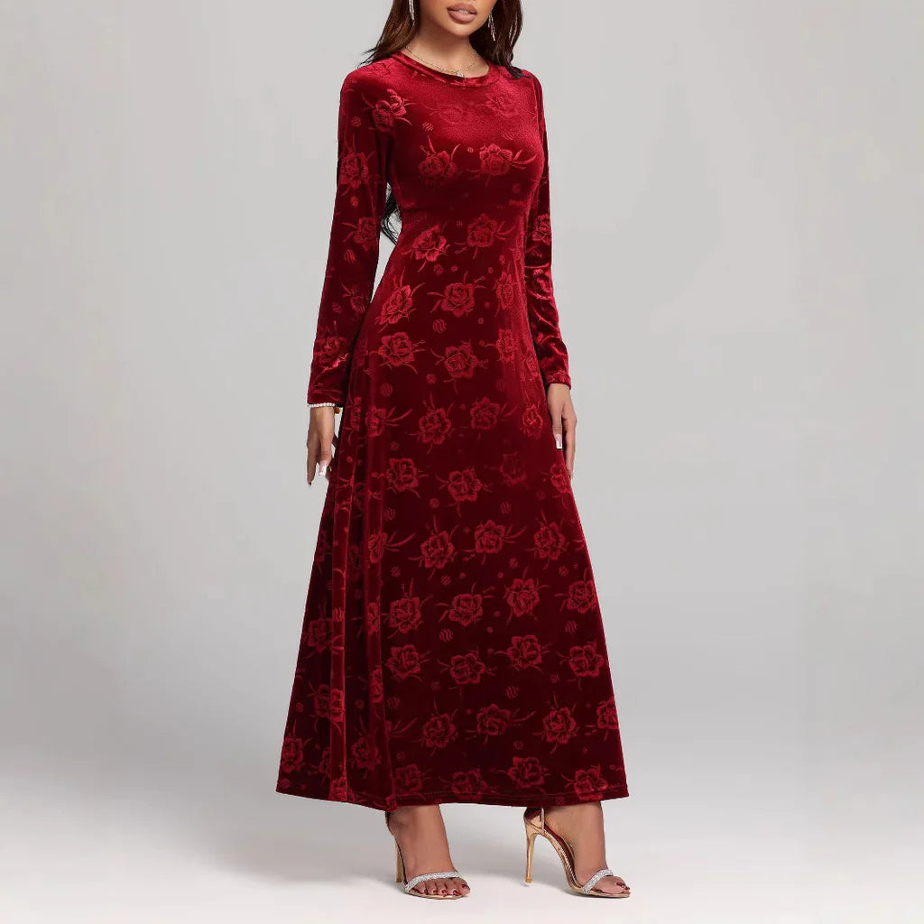 Women's Maxi Dress – A-Line Fit – Velvet with Embossed Flowers – Long Sleeves Elegant
