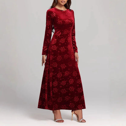 Women's Maxi Dress – A-Line Fit – Velvet with Embossed Flowers – Long Sleeves Elegant