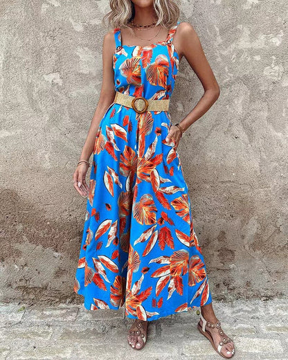 Women's Jumpsuit – Tailored Waist – Floral Print – Sleeveless – Wide Legs – Light and Breathable