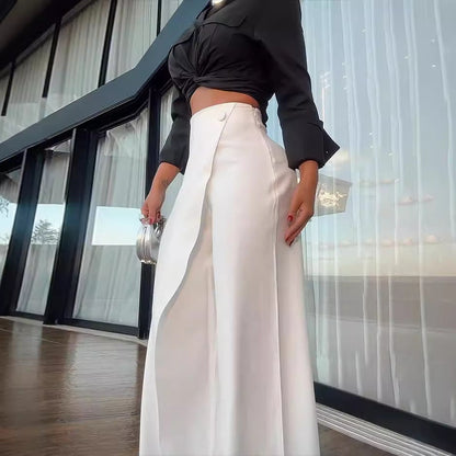 Dame Sæt – Satin Crop Top med Bindebånd – Højtaljede Vide Bukser