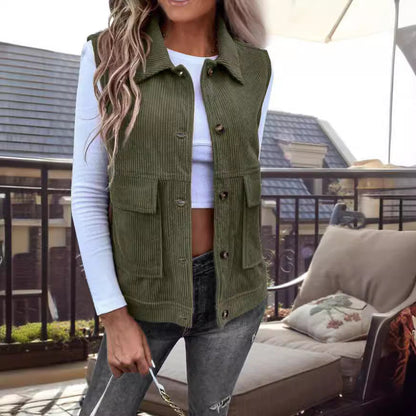 Women's Cardigan Vest – Relaxed Fit – Button Closure – Corduroy – Large Pockets