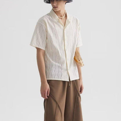 Men's Shirt with Short Sleeves – Oversized Fit – Cotton Blend with Lace – Cuban Collar