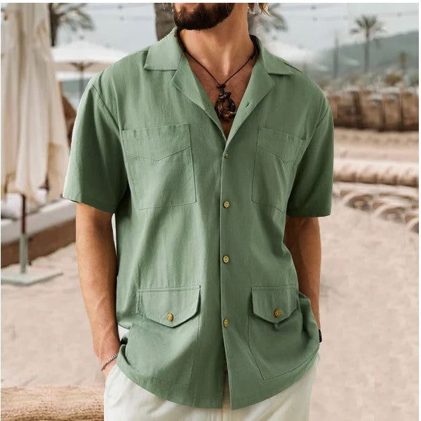 Men's Shirt with Short Sleeves – Relaxed Fit – Cotton/Linen – 4 Pockets – Notched Collar