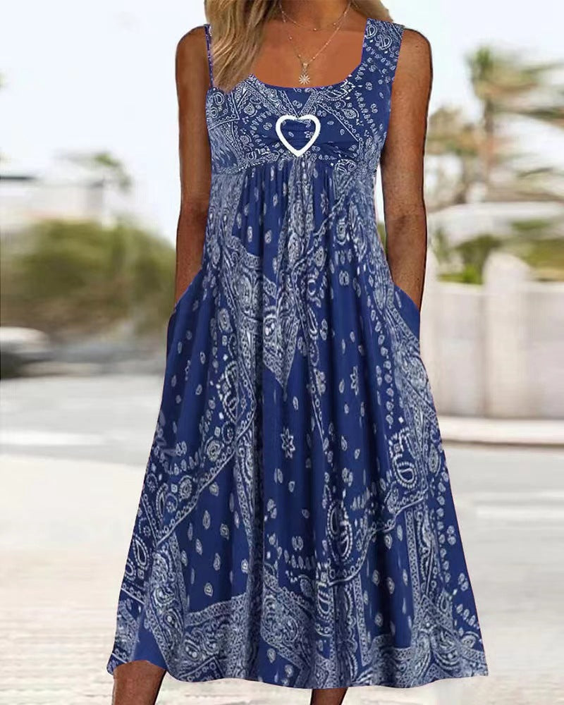 Women's Maxi Dress – Sleeveless A-Line – Bandana Print – Light and Breathable – With Pockets