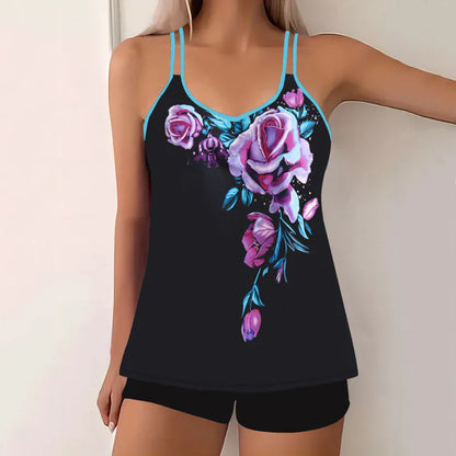 Women's Tankini Set – Relaxed Fit – V-Neck – Spaghetti Straps – Full Coverage Shorts