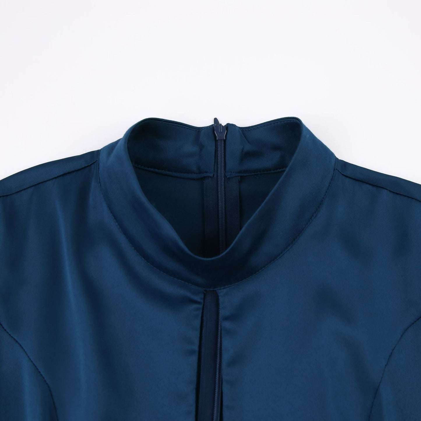 Women's Maxi Dress – Satin – A-line Cut – High Neck – Long Puff Sleeves – Keyhole Detail