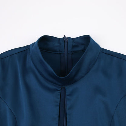 Women's Maxi Dress – Satin – A-line Cut – High Neck – Long Puff Sleeves – Keyhole Detail