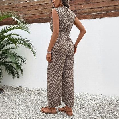 Women's Jumpsuit – Sleeveless – Geometric Pattern – Wide Legs – Light and Breathable