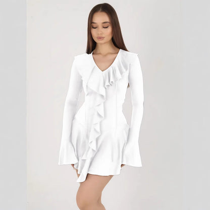 Dress for Women – Slim Fit Mini Dress – Ruffle Detail – V-Neckline – Bell Sleeves