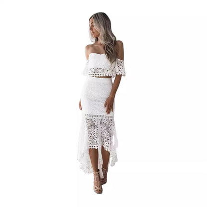 Dame Sæt – Off Shoulder Bustier Top med Blonder – Høj Talje Pencil Nederdel