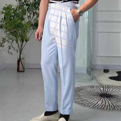 Men's Trousers – Straight Fit – High Waist – Pleated Front – Breathable Textured Fabric