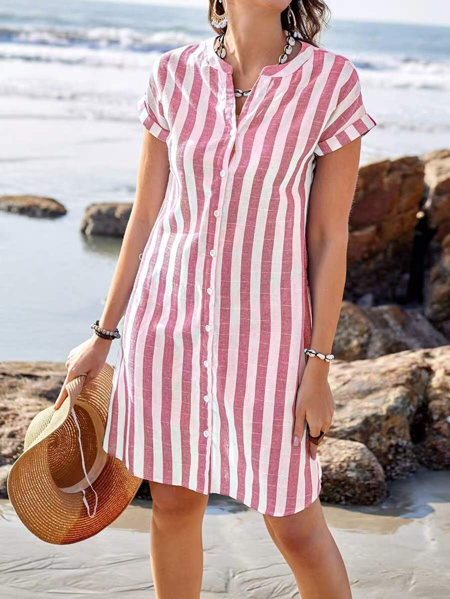 Dress for Women – Shirt Dress – Relaxed Fit – Breathable Blend – Button Closure – V-Neck – Knee Length – Striped Design