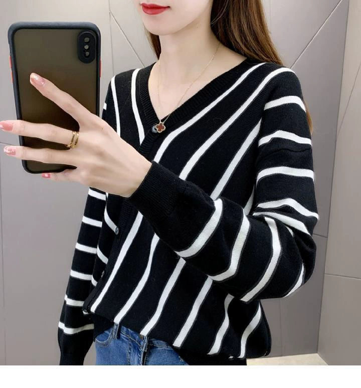 Women's Striped V-Neck Knit Cardigan for Women – Button-Up Long Sleeve Top