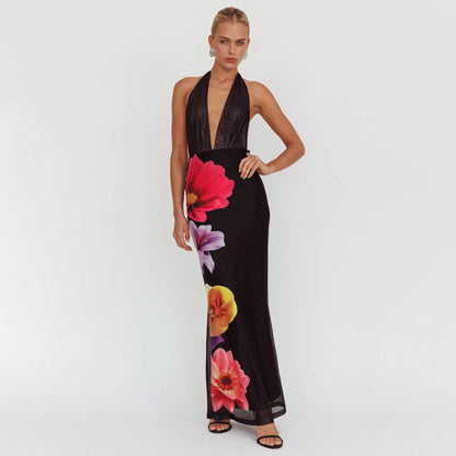Dame Maxikjole – Slank Pasform – Mesh – Halterneck – Dyb V-hals – Blomstret Print