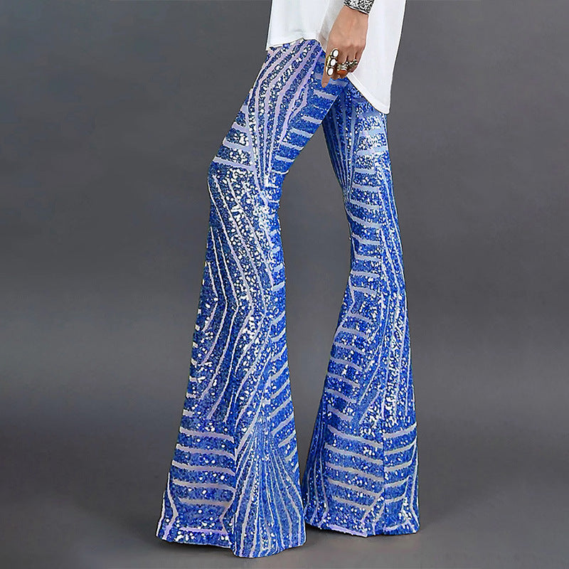 Women's Pants – High Waist – Sequin Pattern – Wide Leg – Elegant Full Length