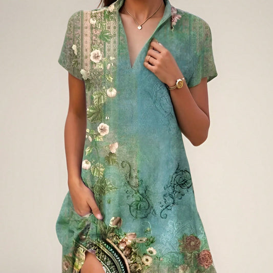 Dress for Women – Maxi Length – Loose Fit – Bohemian Print – Short Sleeves – Round Neck