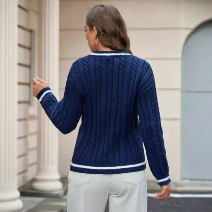Dame Sweater – V-hals – Afslappet Pasform – Kabelstrik – Blød Varm Strik