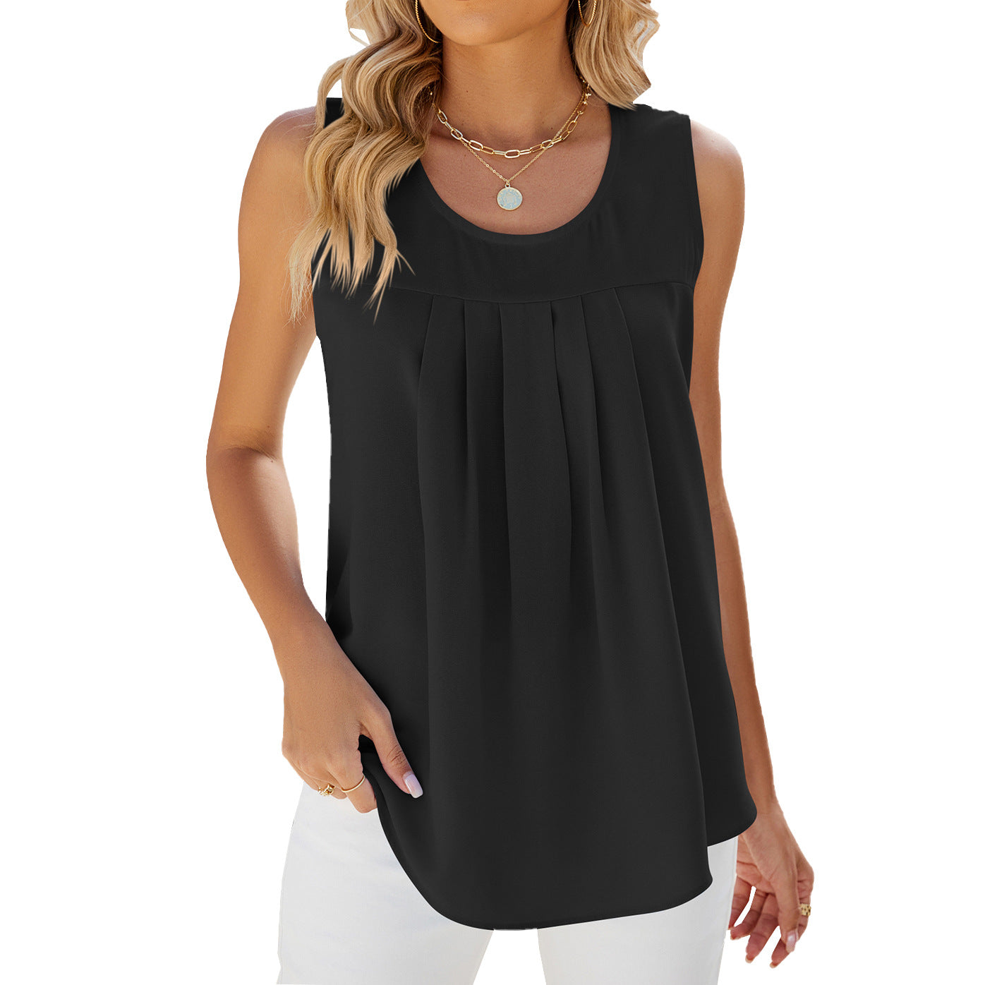 Women's Sleeveless Blouse – Relaxed Fit – Fine Pleats – Light and Breathable Design