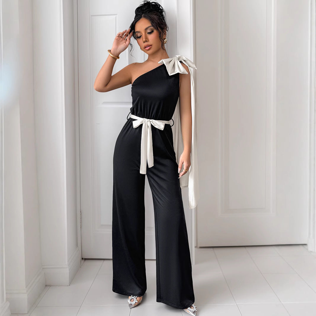 Women's Jumpsuit – Tailored Fit – Satin Look – One Shoulder with Bow Details