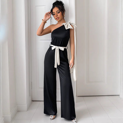 Women's Jumpsuit – Tailored Fit – Satin Look – One Shoulder with Bow Details