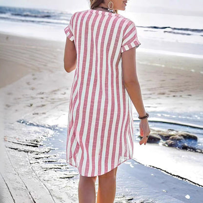 Dress for Women – Shirt Dress – Relaxed Fit – Breathable Blend – Button Closure – V-Neck – Knee Length – Striped Design