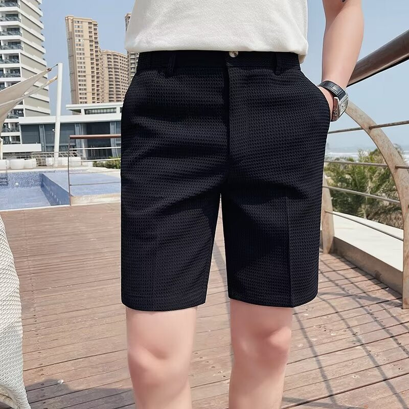 Men's Shorts – Slim Fit – Woven Texture – Button Closure – Knee-Length – Belt Loops