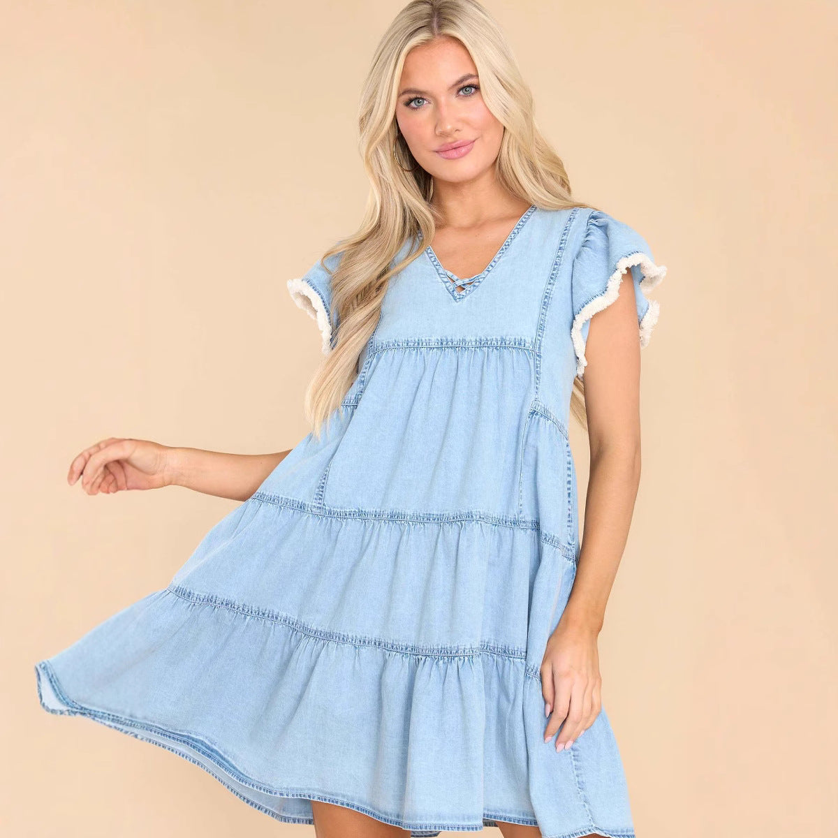 Women's Dress – A-line Mini Dress – Relaxed Fit – Denim – Short Sleeves with Ruffle Details