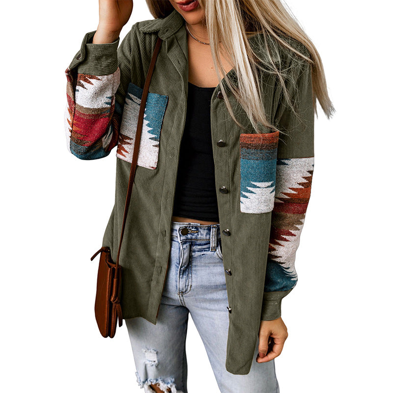 Women's Cardigan Jacket – Corduroy – Relaxed Fit – Aztec Pattern – Button Closure
