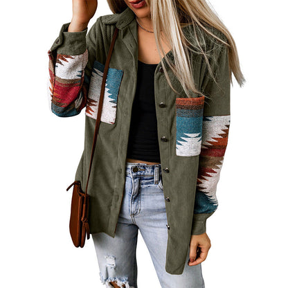Women's Cardigan Jacket – Corduroy – Relaxed Fit – Aztec Pattern – Button Closure