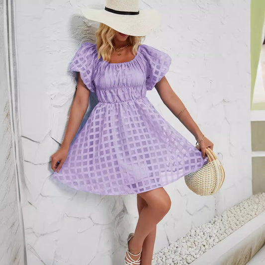 Dress for Women – Mini – Puff Sleeves – Square Neckline – Checked Texture – Lightweight