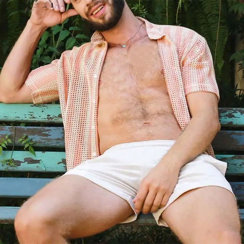 Men's Shirt in Mesh – Relaxed Fit – Short Sleeves – Light and Breathable – Button Closure