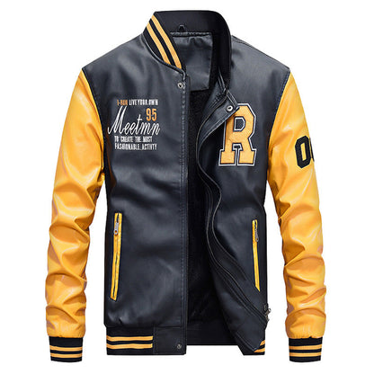 Men's Baseball Jacket – Classic Varsity Fit – Leather Look – Ribbed Edges – Snap Closure