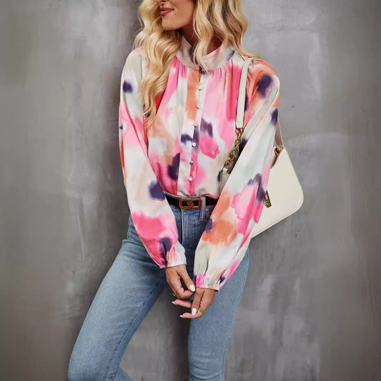 Women's Blouse – Relaxed Fit – Light and Breathable – Button Closure and Artistic Print