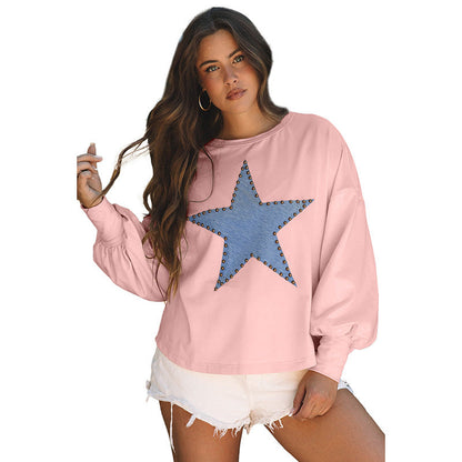 Women's Sweatshirt – Relaxed Fit – Balloon Sleeves – Star Motif with Studs