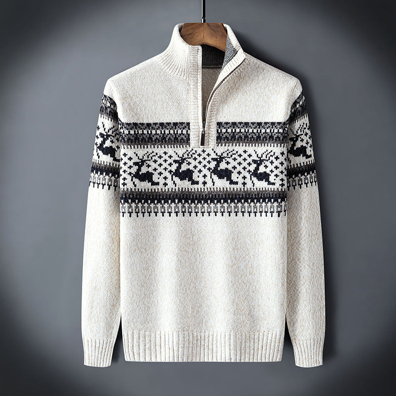 Men's Knit Sweater - Zipper Closure - High Collar - Warm and Comfortable - Classic Pattern