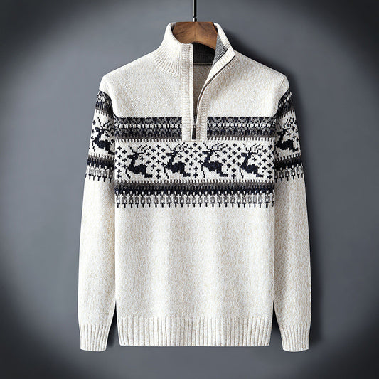 Men's Knit Sweater - Zipper Closure - High Collar - Warm and Comfortable - Classic Pattern