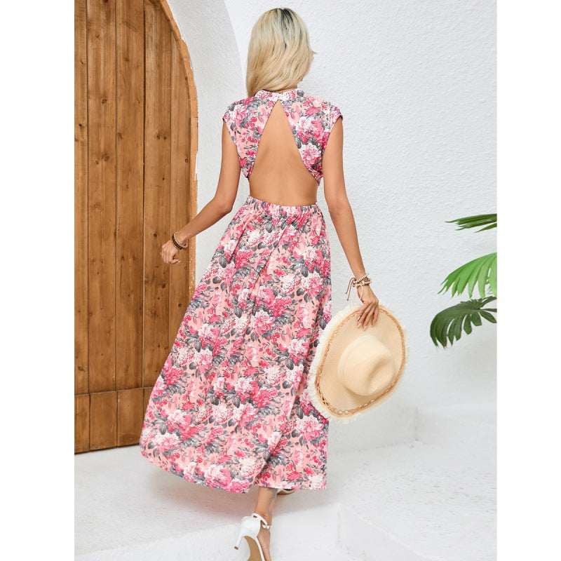 Dress for Women – Sleeveless – Slim Fit – Open Back – Floral – Belt at Waist