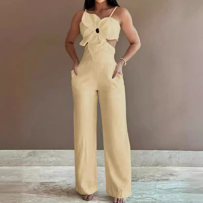 Women's Jumpsuit – Relaxed Fit – Wide Leg – Open Back – Bow Detail – Cutouts