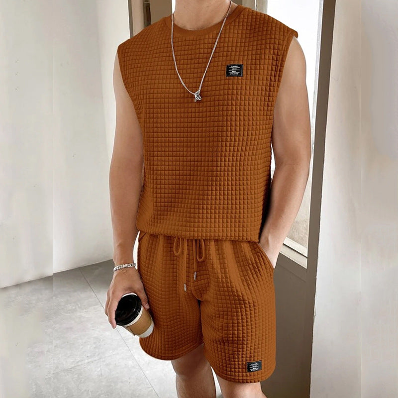 Men's Set with Sleeveless Top and Shorts – Waffle Knit – Relaxed Fit – Loungewear