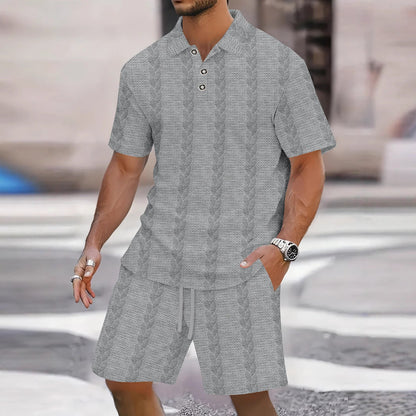 Men's Set with Shirt and Bermuda Shorts – Relaxed Fit – Light Knitted Fabric – Button Closure