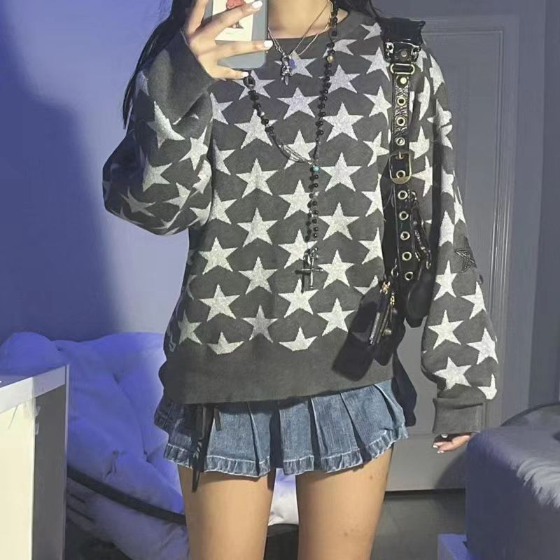 Women's Sweatshirt – Relaxed Fit – Soft Cotton Blend – Crew Neck – Star Pattern