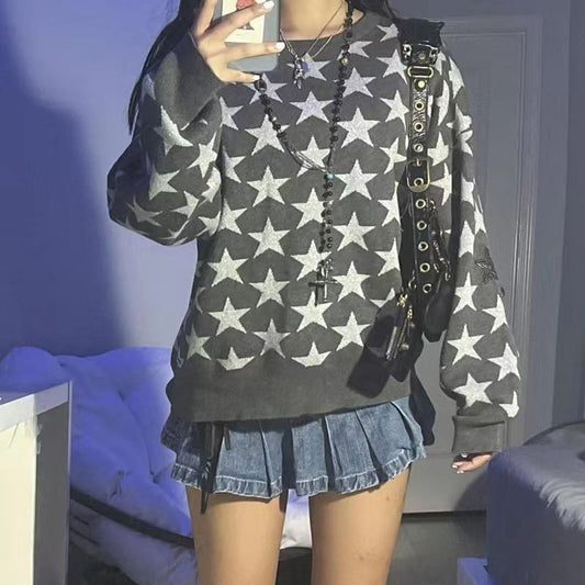 Women's Sweatshirt – Relaxed Fit – Soft Cotton Blend – Crew Neck – Star Pattern