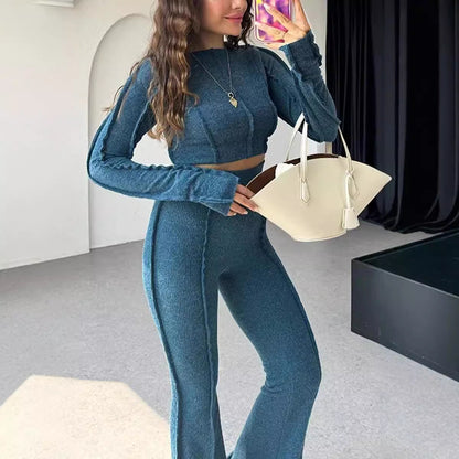 Women's Knit Set – Slim Fit – Cropped Long-Sleeve Blouse – High-Waisted Pants
